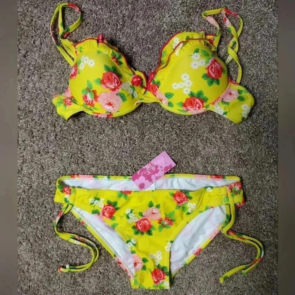 Xhilaration Floral Ruffle Yellow bikini NWT